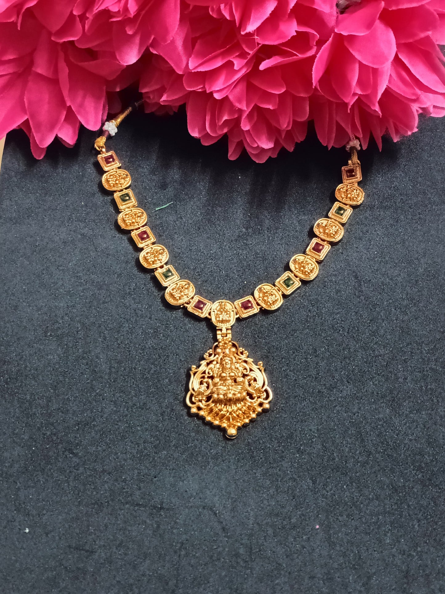 Gold Finishing Stone Lakshmi Necklace with Earrings