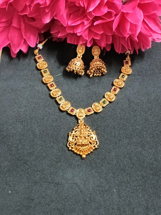 Gold Finishing Stone Lakshmi Necklace with Earrings