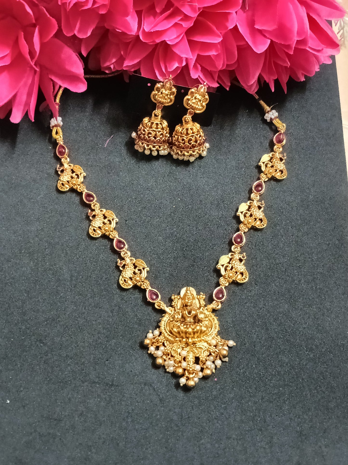 Lakshmi And Peacock Design Necklace with Earrings