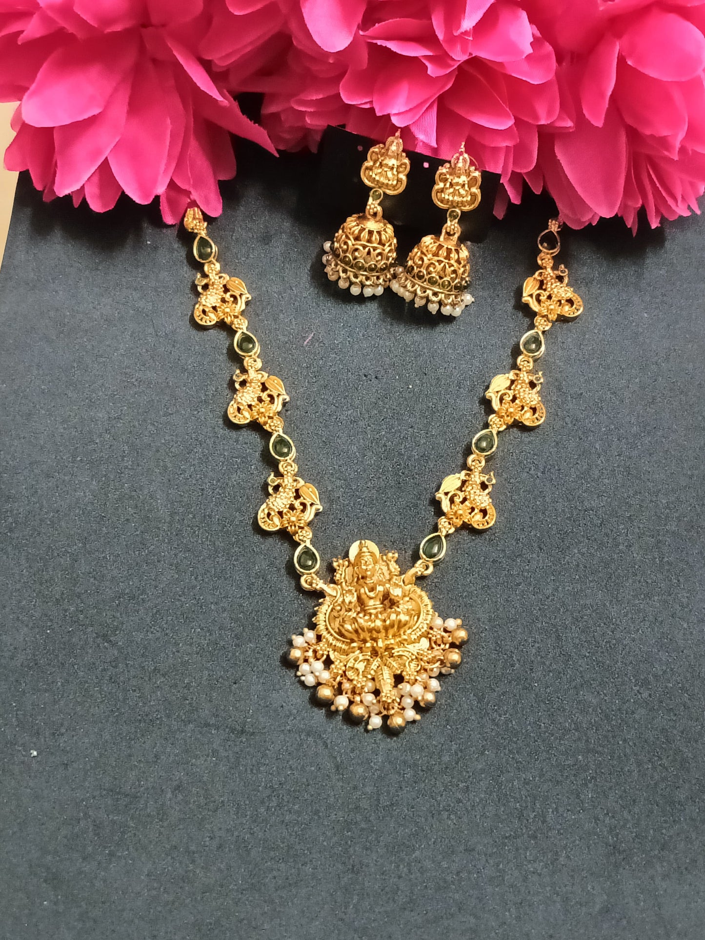 Lakshmi And Peacock Design Necklace with Earrings.