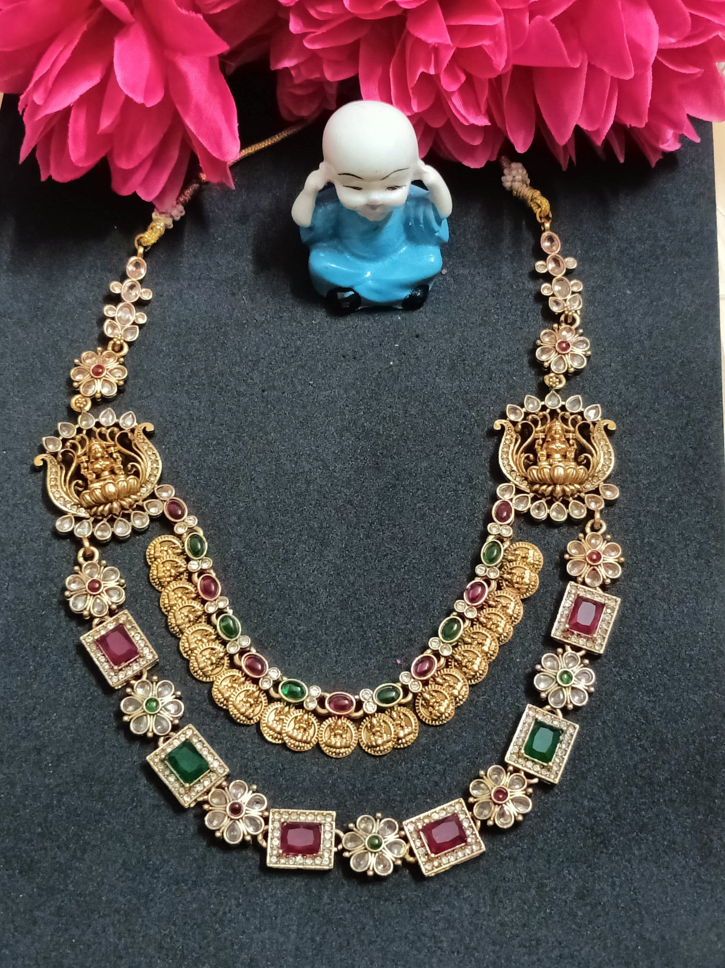 Unique Stone And Lakshmi Designed Double Layer Necklace with Grand Earrings