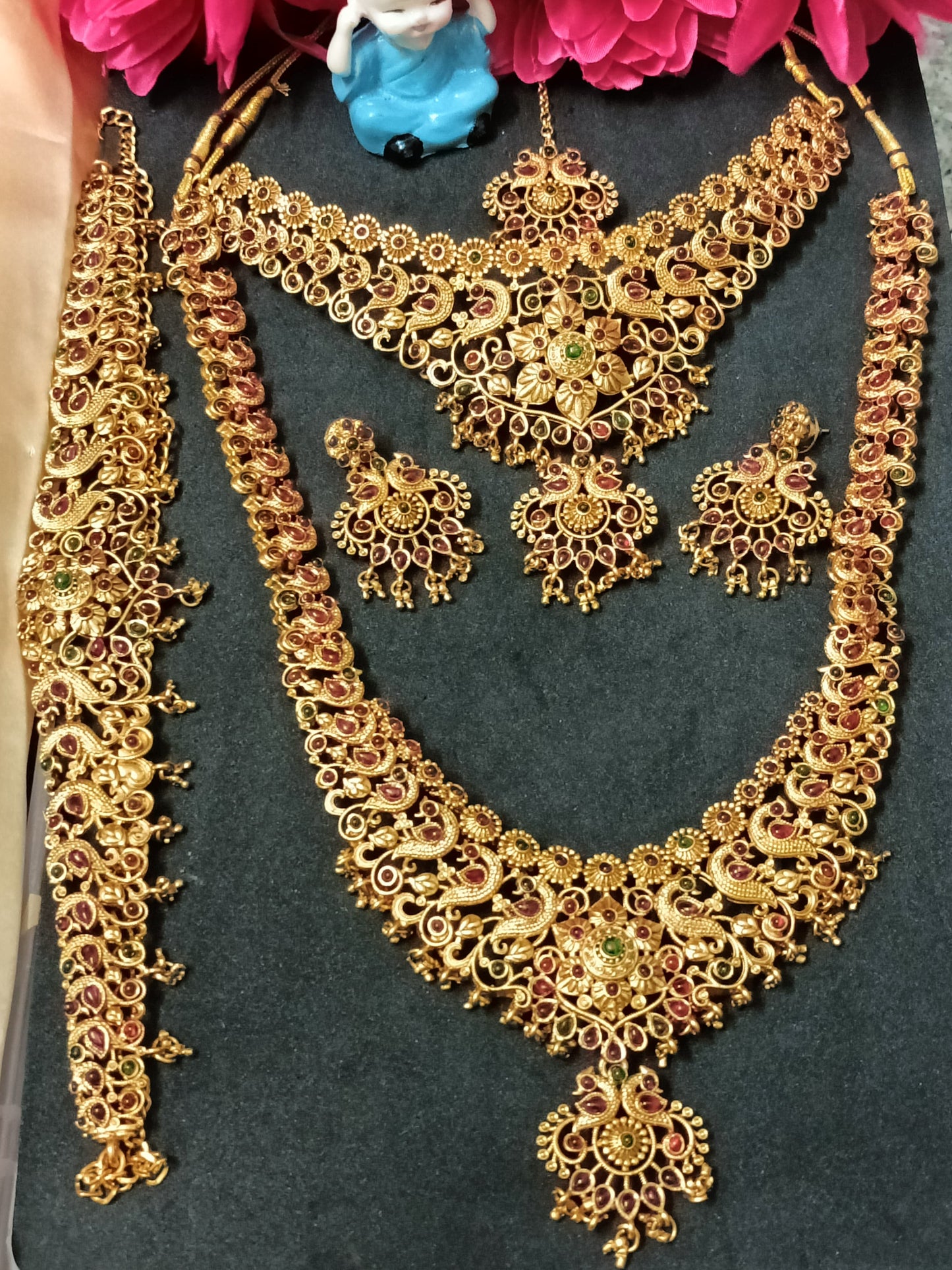 Premium Peacock Semi Bridal Set with Beautiful Tikka , Earrings, Hipchain , Neacklace and Haram