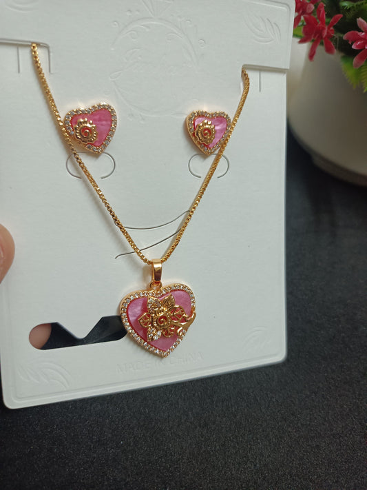 Heart Pendant Rose Gold Chain With Cute Earrings