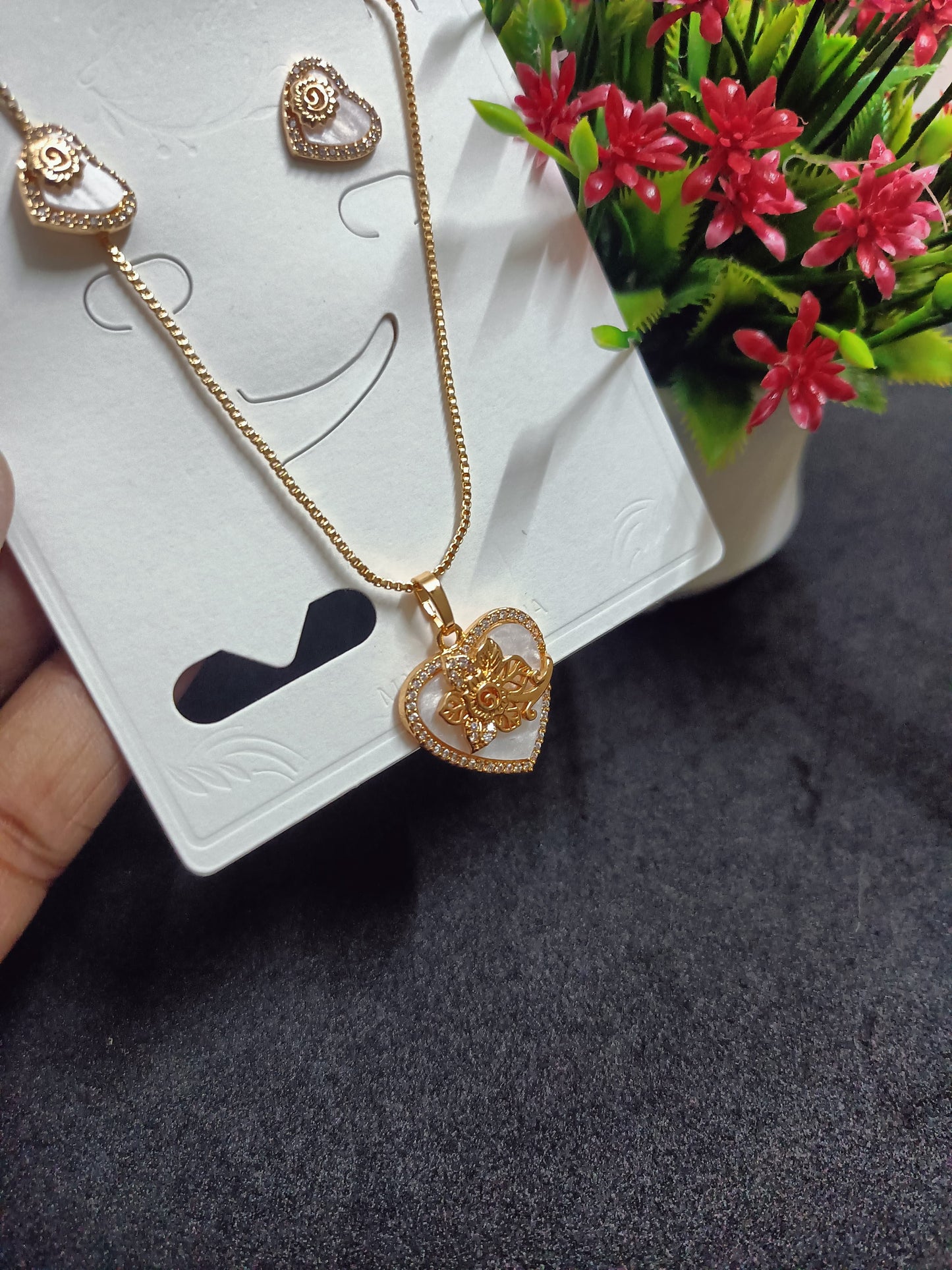 White Heart Rose Gold Chain with Cute Earrings